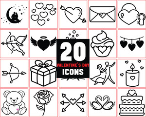 20 Valentine's Day Icons for Love and Celebration Set,Valentine's Day icons Design Bundle,Valentine's clipart, love design elements