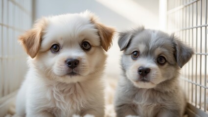 Two adorable puppies in a cozy cage looking for a loving home in an animal shelter