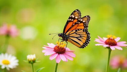 Fototapeta premium Monarch butterfly gracefully feeding on milkweed flowers in meadow, nature's beauty