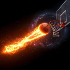 Basketball with a glowing fire trail approaching the net, surrounded by a cosmic and starry background, creating an exciting and high-energy sports visual for basketball enthusiasts