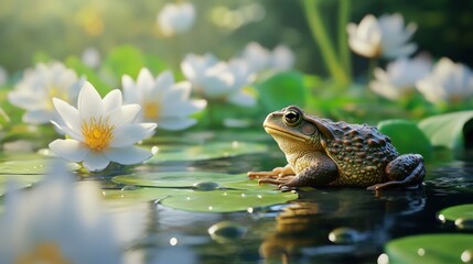 A serene frog rests among water lilies in a tranquil pond.