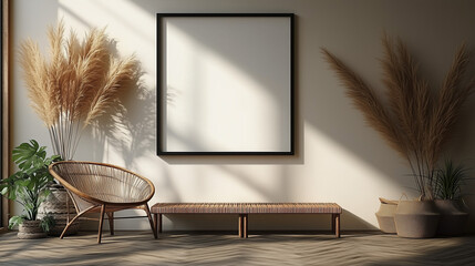 Serene and Cozy Interior Design with Pampas Grass Décor, Woven Chair, and Blank Canvas Frame for Artistic or Design Use.