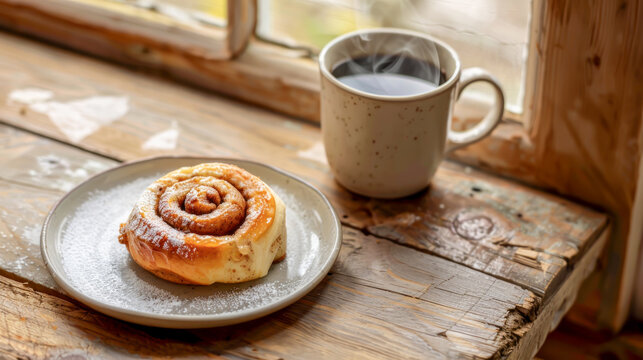 Cinnamon roll and steaming coffee on rustic table by window, evoking Swedish tradition of fika, moment to pause, enjoy treats, and connect. Concept of mindfulness, coziness, and cultural rituals