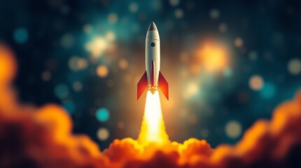 Obraz premium Rocket launching into space with smoke and fire.