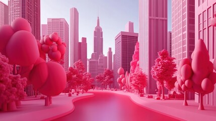 Pink city skyline with river and trees.