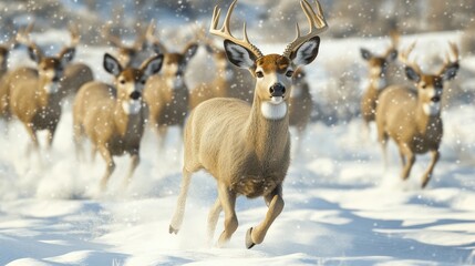 A herd of mule deer bounding through deep snow, their distinctive ears and antlers visible.