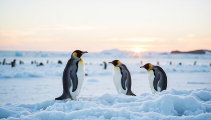 Naklejka premium Emperor penguins standing on ice at dawn, Antarctic wildlife