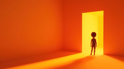 Obraz premium Silhouette of person standing before bright doorway in orange room.
