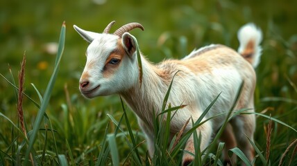 Young goat grazing peacefully in a lush green field during a sunny afternoon