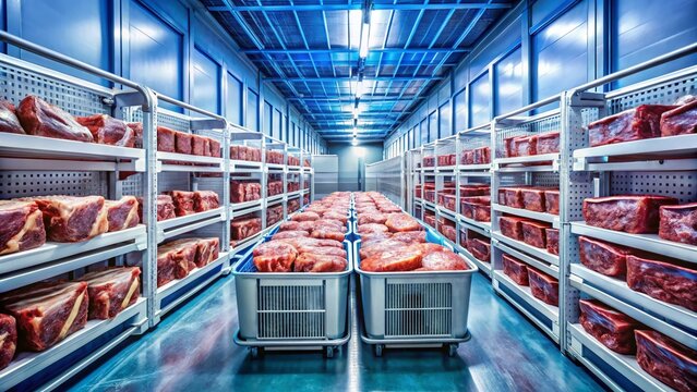 Cold Storage Beef Processing: Crates of Meat Ready for Production