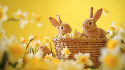 urocza kartka z życzeniami z okazji wielkanocy. wielkanocne zające w koszyku wśród żonkili. wielkanoc