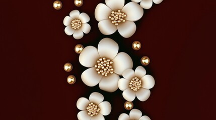 3D rendering of cartoon-style white flowers and green leaves on a dark red background with golden spheres