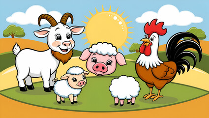 Fototapeta premium An engaging flat vector artwork of charming farm animals, with a smiling cow, fluffy sheep, and a curious pig, all set in a sunny farm scene.