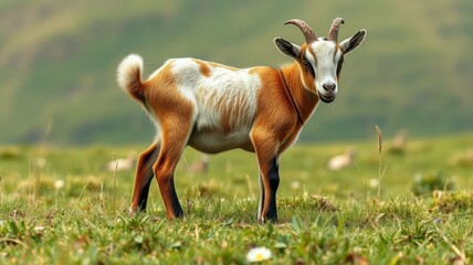 Goat stands proudly on a green meadow under a clear sky in a serene natural setting