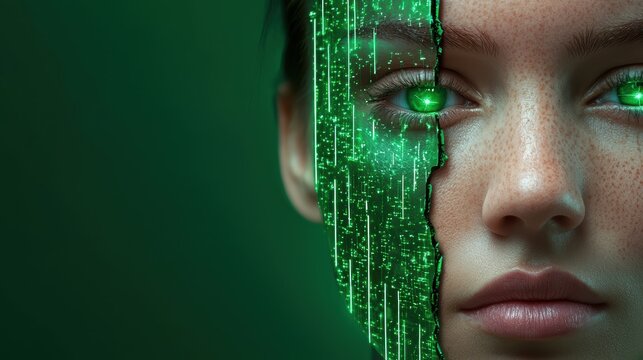 Hacking disruption. A futuristic portrait of a woman with digital elements and glowing green eyes.