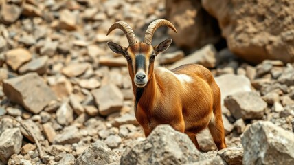 Mountain goat stands among rocky terrain in natural habitat during daylight hours