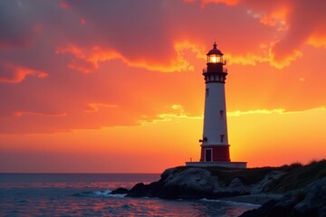 Naklejka premium Towering lighthouse stands alone against a warm orange sky at sunset, evening, architecture