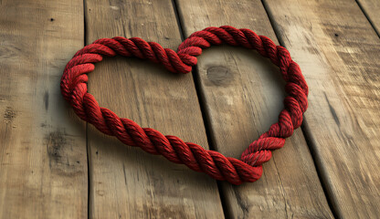 Red Rope Heart on Wooden Background