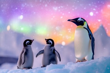 Obraz premium A charming scene of three penguins in a snowy landscape, with a colorful aurora borealis illuminating the sky.