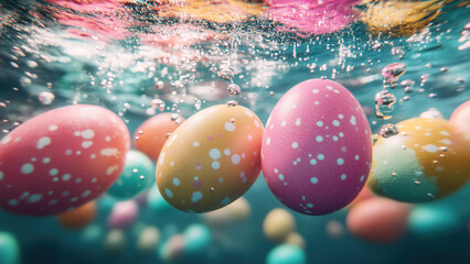 Colorful pink color easter eggs swimming under water, fun food background