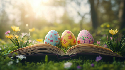 Decorative Easter eggs on open reading book with spring flowers in green grass garden