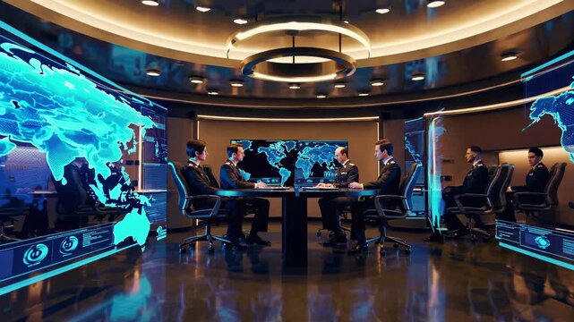 Military leadership discusses strategy in high-tech command center with interactive global maps