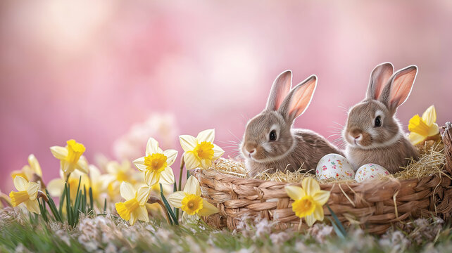 Urocza kartka z życzeniami z okazji Wielkanocy. Wielkanocne zające w koszyku wśr&oacute;d żonkili. Wielkanoc