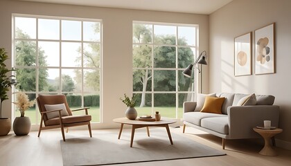 Modern Living Room with Large Windows and Warm Tones