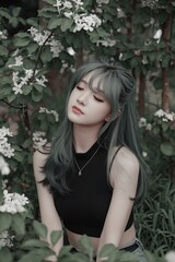 Fototapeta premium Serene Beauty Amidst Blossoms: A Portrait of Tranquility