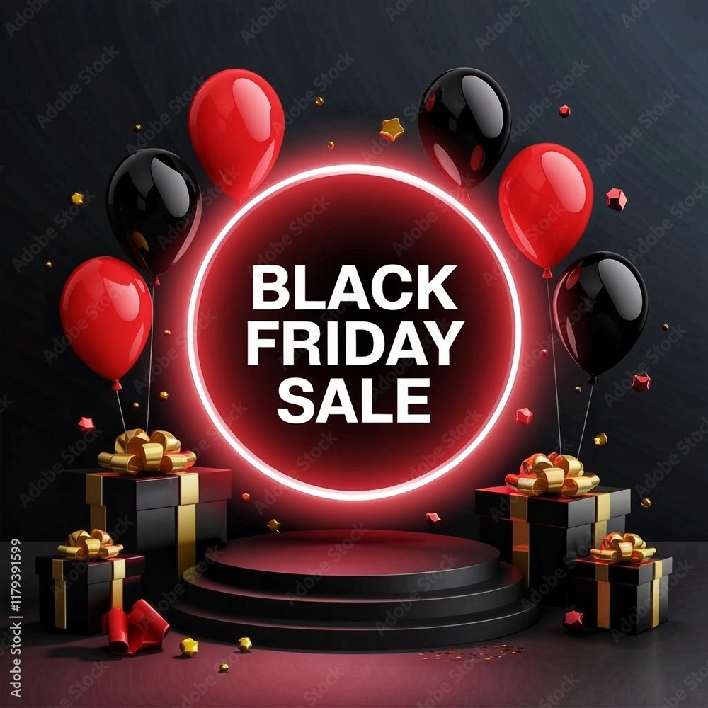 Fototapete black friday sale with black podium and realistic gift box element and balloons and red circle frame