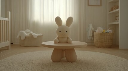 Cute Rabbit Toy on Wooden Table in Cozy Nursery Room