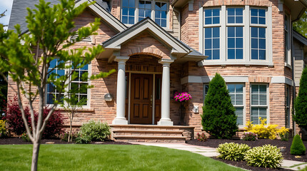 Fototapeta premium Brick house with landscaping. The house features a brown door, large windows, and a portico with white columns. The yard has green grass, shrubs, and small trees.