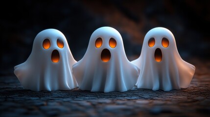 Three Cute Ghosts with Spooky Expressions in Dark Setting
