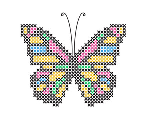 Vector isolated object imitates cross stitch. Colorful butterfly. Easy exchange of colors.