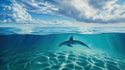 Fototapeta premium dolphin's reflection glimmers on the calm ocean surface as it swims just beneath the waves.