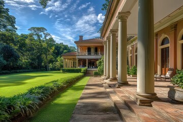 Obraz premium A grand countryside estate with tall columns, wide terraces, and lush rolling lawns