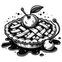 cherry pie with a lattice crust, topped with a cherry, oozing delicious fruit filling sketch engraving generative ai PNG illustration. Scratch board imitation. Black and white image.
