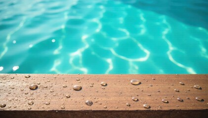 Obraz premium Wooden table top with water droplets on blue summer sea , wood, water