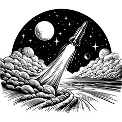 space rocket blasting off into a starry sky, surrounded by clouds and celestial bodies sketch engraving generative ai PNG illustration. Scratch board imitation. Black and white image.