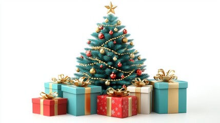 Colorful Christmas Tree with Presents and Decorative Ornaments