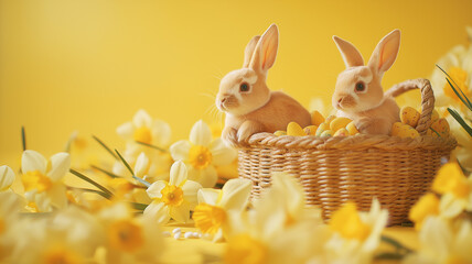 Urocza kartka z życzeniami z okazji Wielkanocy. Wielkanocne zające w koszyku wśród żonkili. Wielkanoc