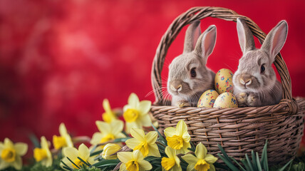 Urocza kartka z życzeniami z okazji Wielkanocy. Wielkanocne zające w koszyku wśr&oacute;d żonkili. Wielkanoc