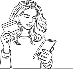 Online Payment Concept. Girl Holding Smartphone and Credit Card in Line Drawing