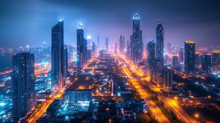 City skyline illuminated at night showcasing skyscrapers and busy streets in a bustling urban landscape. Generative AI