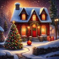 Obraz premium Christmas holiday background photography with white Handwriting thin Letters Merry Christmas over Christmas background with small snow Christmas tree, small houses, santa claus gifts and ball