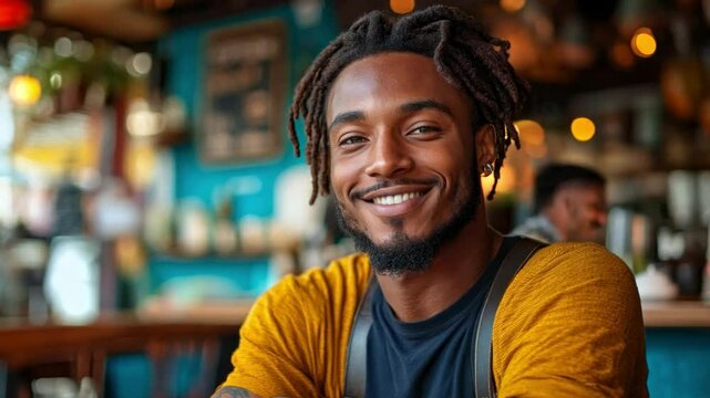 A cheerful young man with dreadlocks sits at a cozy cafe, exuding warmth and friendliness amidst a lively and colorful environment.