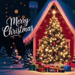 Christmas holiday background photography with white Handwriting thin Letters Merry Christmas over Christmas background