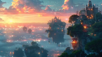 Fototapeta premium Floating Cityscape Sunset Above Luminous Night City