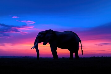 Fototapeta premium Majestic elephant silhouetted against a vibrant sunset in an open landscape during twilight hours. Generative AI