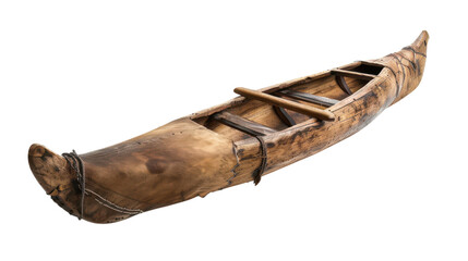 Handmade wooden canoe from indigenous culture displayed on a white background showcasing traditional craftsmanship techniques on transparent background